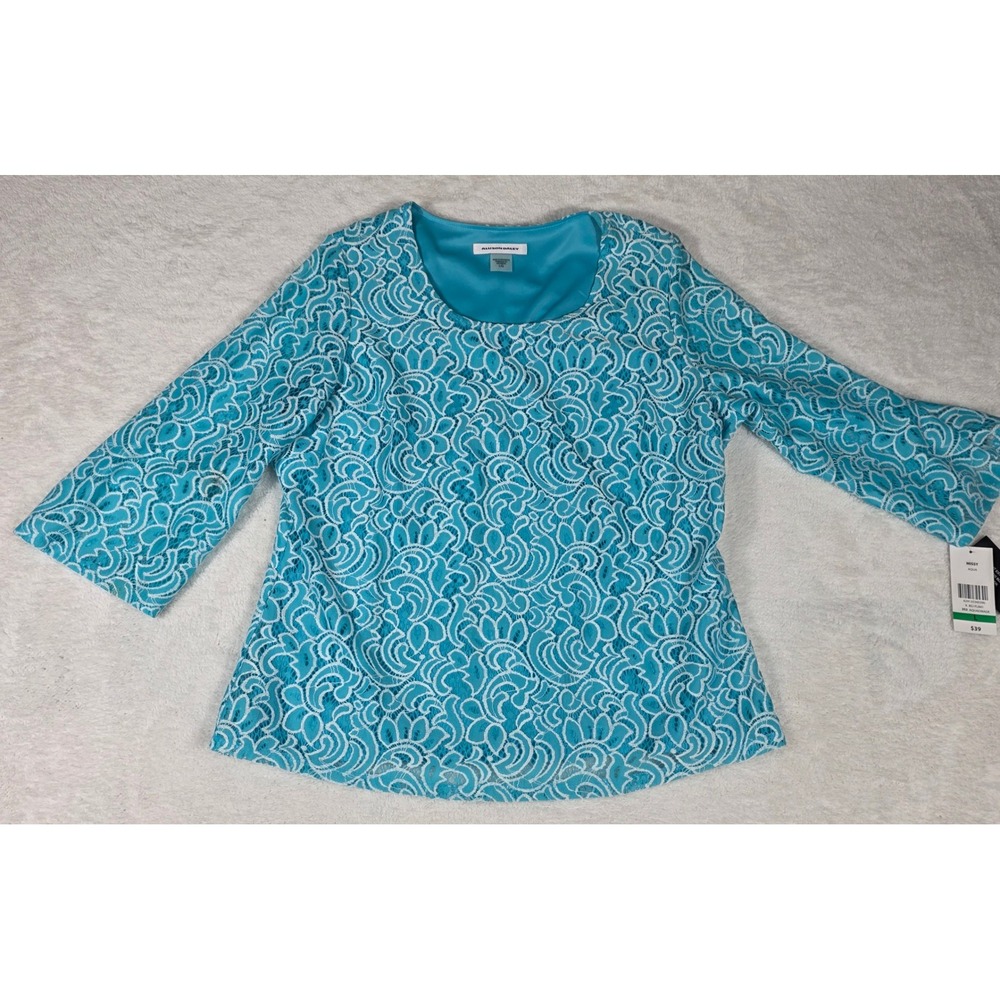 Allison Daley Lace Top Women Large Aqua Blue 3/4 Sleeve NWT Swirl Blouse